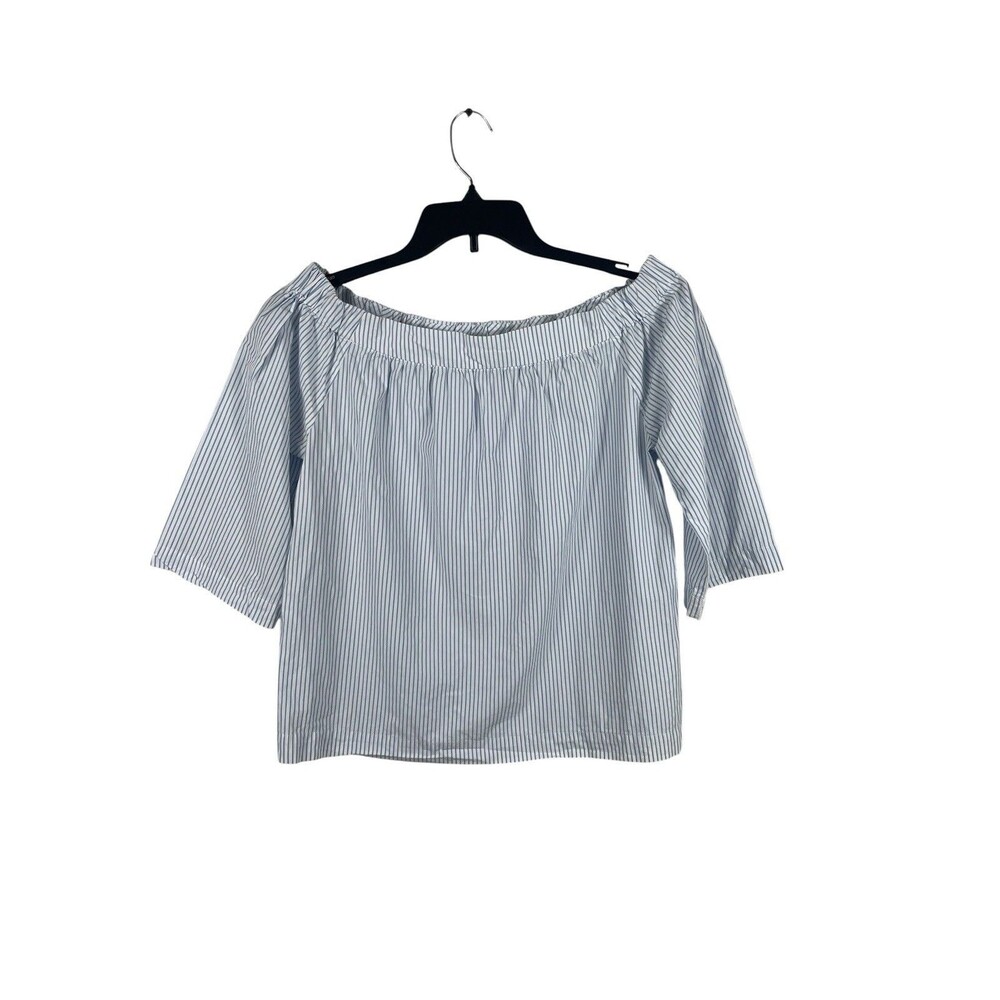 Madewell Blue White Stripe Off Shoulder Cropped Top Size S Cotton Poplin Preppy